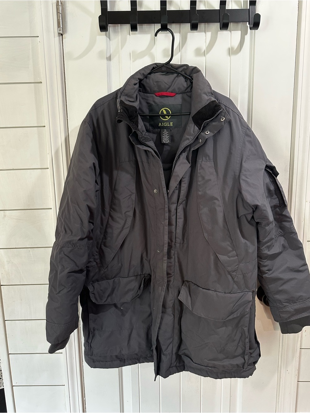 Aigle Men’s XL Insulated Field Parka Black Utility Cargo Outdoor Coat No Hood